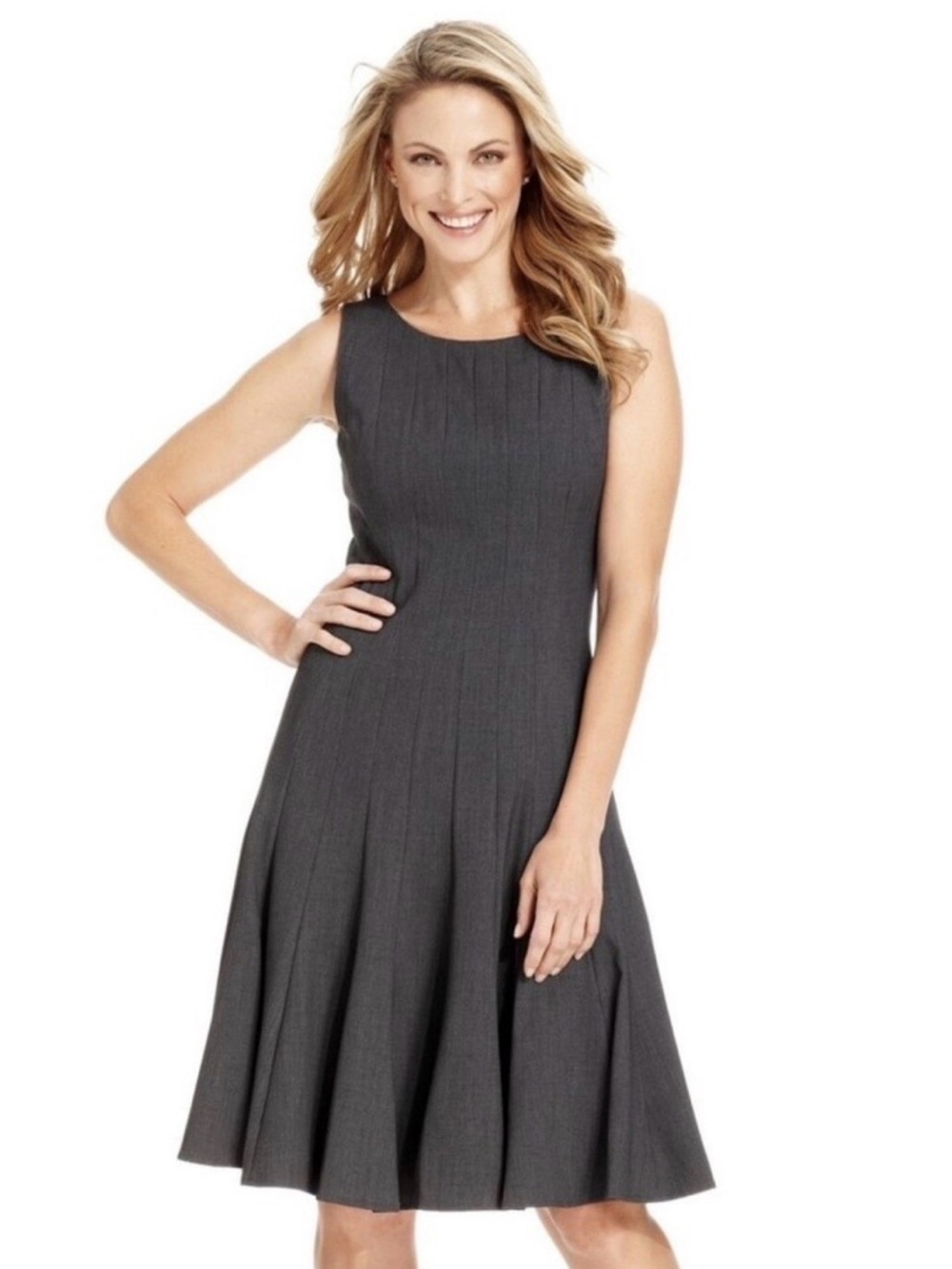 Calvin Klein Dark Gray Sleeveless Pleated Midi Dress